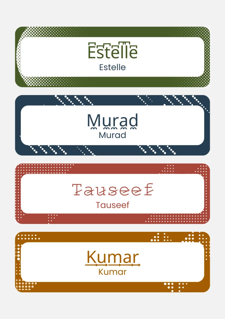 Stylish name examples with cool fonts and decorations - Estelle, Murad, Tauseef, Kumar